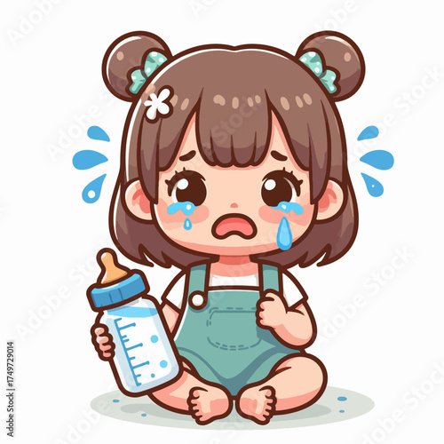 A sad baby girl with pigtails is crying and holding a baby bottle filled with milk.