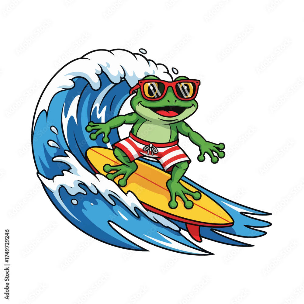 Obraz premium Illustration of a happy cartoon frog surfer in sunglasses and swim trunks, catching a big blue ocean wave on a yellow surfboard