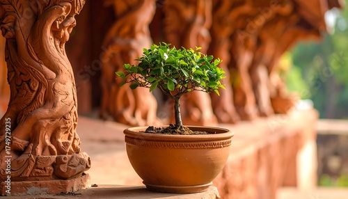 Small Bonsai Tree in Terracotta Pot, Ornate Architecture Background.
