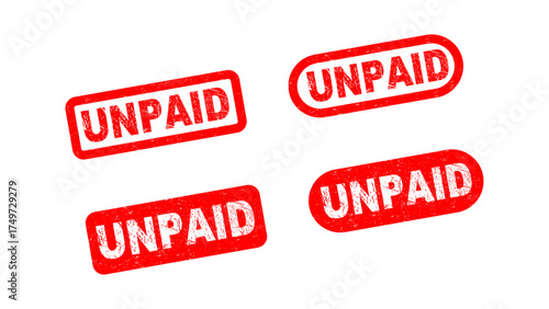 Red “UNPAID” rubber stamps for documents, billing, finance, invoices, or overdue payments in business and accounting use.