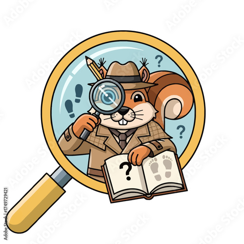 A clever squirrel detective in a trench coat peers through a magnifying glass at footprints and a book, embodying mystery and investigation