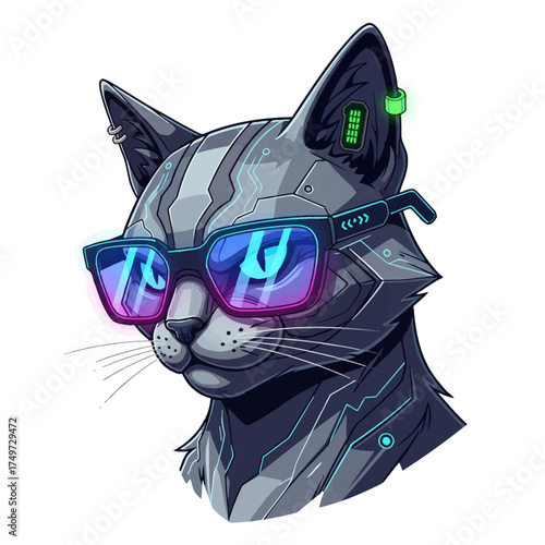 Futuristic Feline Cyberpunk Cat Portrait with Neon Glasses