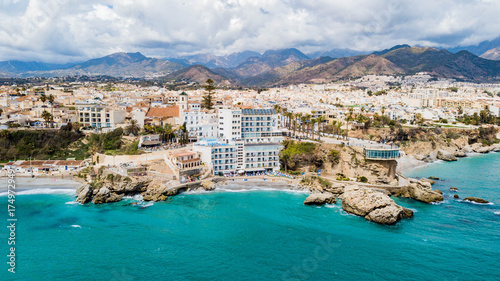 Nerja, Spain - aerial view of the beautiful town on the rocky coast of the Spanish coastline