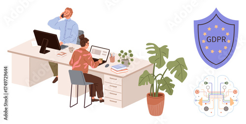 Colleagues working at desks with computers, surrounded by GDPR shield, digital brain, and plants. Ideal for compliance, data protection, teamwork, technology office life policy privacy. Simple