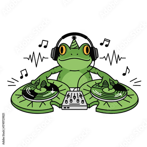 Whimsical cartoon illustration of a frog DJ with headphones and a party hat, scratching on lily pad turntables for a fun celebration