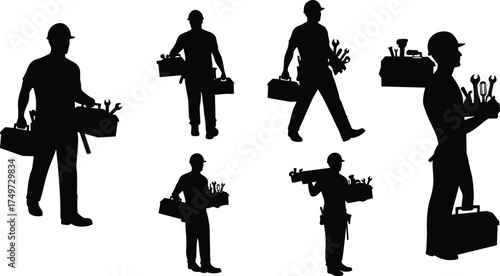 "Construction workers silhouettes with hard hats and tools vector illustration showing labor, maintenance, repair, teamwork, industry, safety, professional workforce"