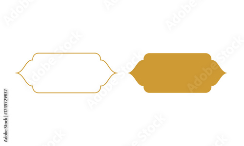 Two elegant label frames in gold, one outlined and one filled. Simple ornamental design with curved edges, ideal for invitations, packaging, decorative templates, or luxury branding elements.