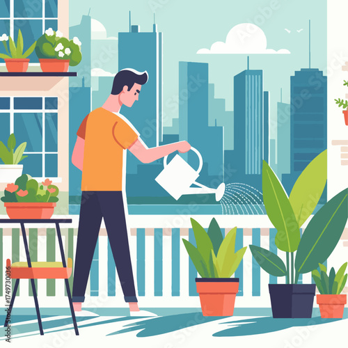 A man waters plants on a balcony with a city skyline in the background.