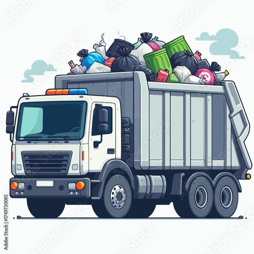 An illustration of a white and grey garbage truck overflowing with colorful trash bags and green bins against a simple background.