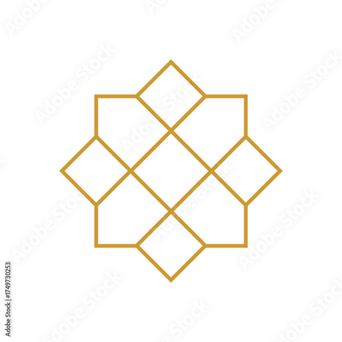 Elegant geometric pattern with symmetrical lines forming a star-like shape. Minimal gold outline on a white background, suitable for decoration, design elements, or ornamental artwork.
