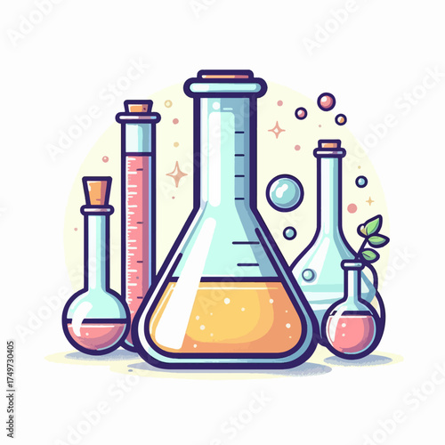 A colorful illustration of various laboratory glassware filled with liquids, depicting scientific experiments and research.