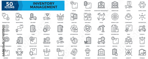 Inventory Management icon set. Containing distribution, logistic, product, , plan, efficiency, report, optimization, integrity, cargo icon. Outline style