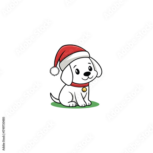 A cute cartoon puppy wearing a red Santa hat and a collar with a gold bell, sitting on green grass.