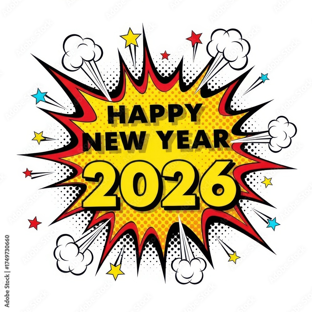 Fototapeta premium Explosive comic style happy new year 2026 celebration with stars and smoke