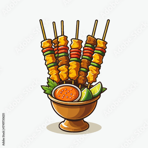 A vibrant illustration of delicious skewers of meat and vegetables served with a dipping sauce and lime wedges in a bowl.