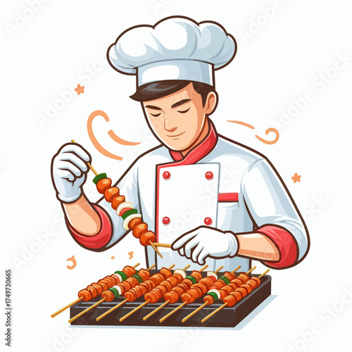 A skilled chef in a white uniform meticulously arranges skewers of meat and vegetables on a grill, preparing them for cooking.