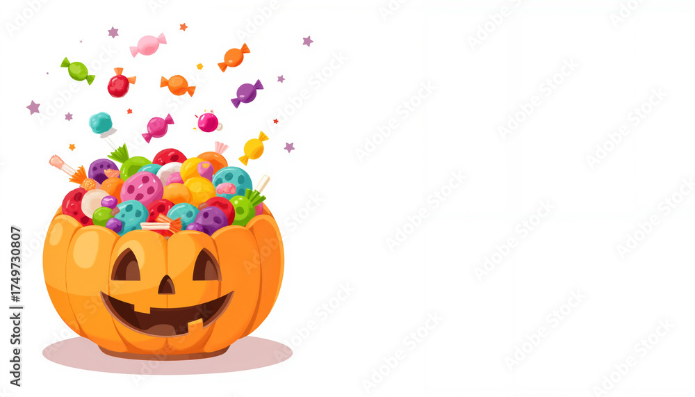 Fototapeta premium Halloween pumpkin filled with colorful candies and sweets with copyspace