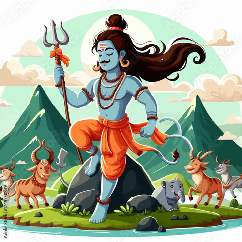 Lord Shiva, the Hindu deity, stands majestically on a rock, holding his trident, surrounded by various animals and a serene mountainous landscape.