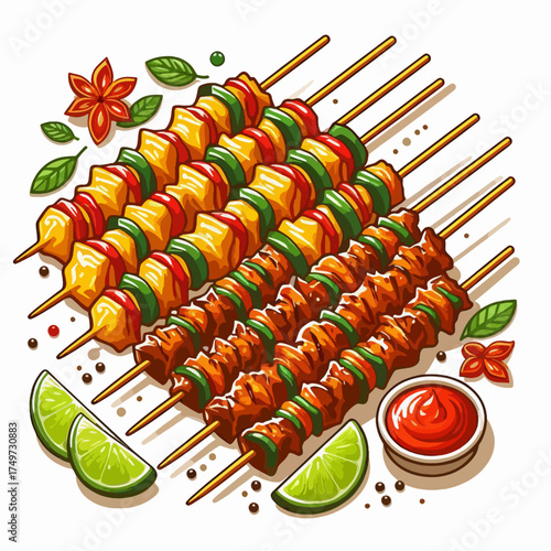 An illustration of colorful food skewers with grilled meat and pineapple, garnished with lime, herbs, and a side of red dipping sauce.