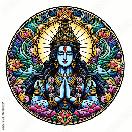 Intricate Mandala Art Depicting Lord Vishnu in a Serene and Meditative Pose with Vibrant Colors and Floral Motifs.