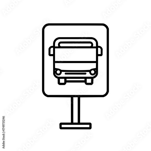 Illustration of a bus stop sign with a bus icon in outline style on a white background design vector