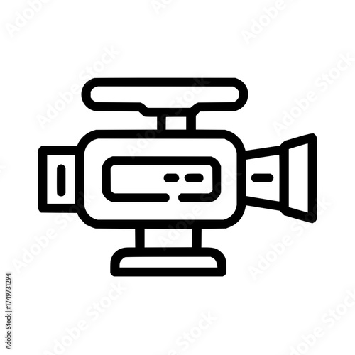 Illustration of a black and white video camera with a screen and a mount on a white background