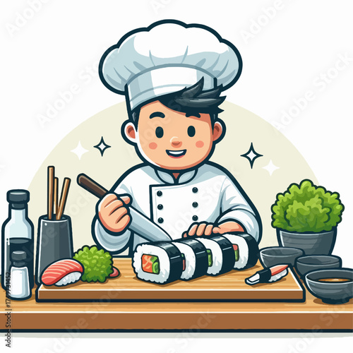 A cheerful cartoon chef skillfully prepares fresh sushi rolls on a wooden cutting board, surrounded by ingredients and condiments.
