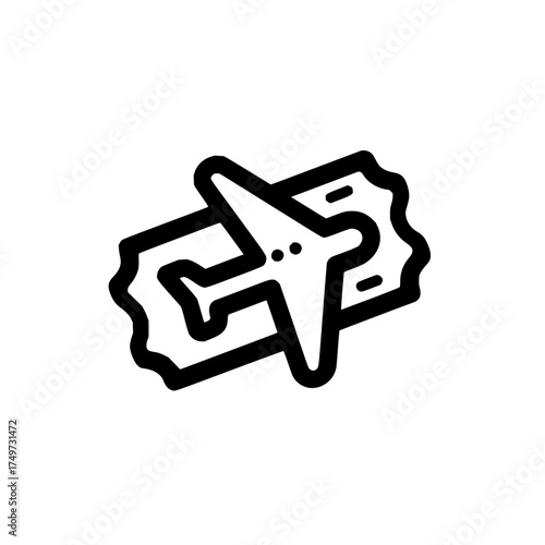 A stylized airplane icon positioned atop a ticket stub with a jagged edge in a minimalist black outline