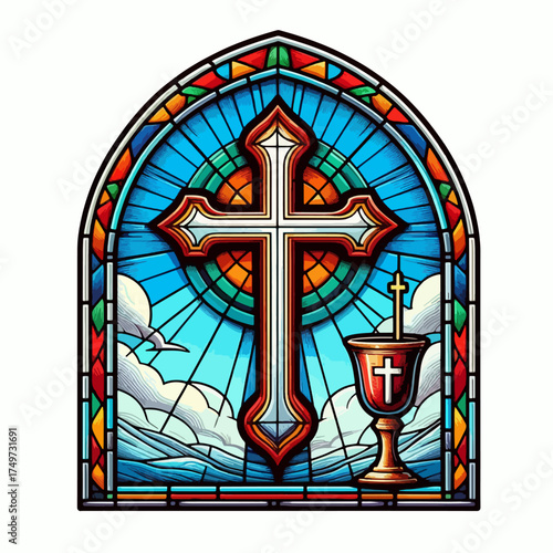 Stained glass window featuring a large Christian cross and a chalice against a vibrant sky with clouds and water, in an arched design.