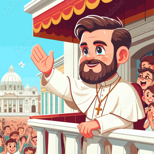 A cheerful cartoon depiction of the Pope waving to a crowd from a balcony, with St. Peter's Basilica in the background.