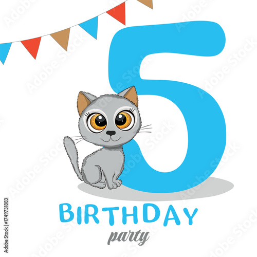 Cute little cat, fifth Birthday party, Happy birthday 5 year old. Invitation or greeting card. Vector illustration.