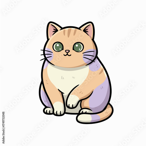 Adorable chubby cartoon cat with purple and orange patches sitting happily on a white background