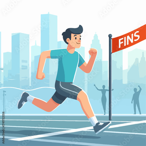 A cartoon man in a blue shirt and grey shorts running towards a finish line in a city marathon.