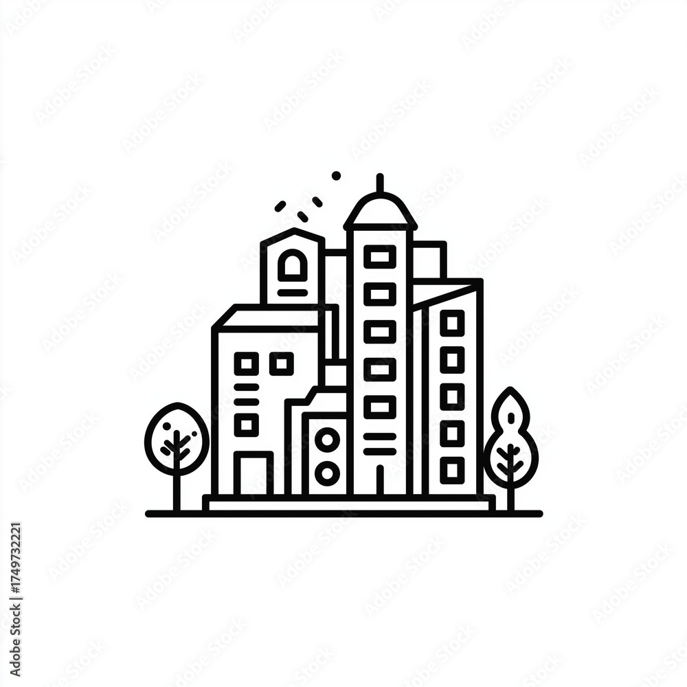 Fototapeta premium Stylized line art of a modern city skyline featuring various building designs and trees.