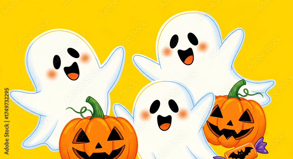 Fototapeta premium Three cheerful ghosts and jack-o'-lanterns on yellow background, conveying Halloween fun and festive spirit Ideal for seasonal greetings or party invitations