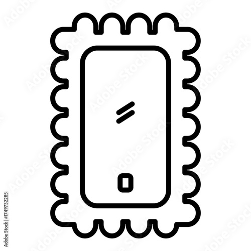 Clean, minimal stroke illustration representing a mobile phone inside a decorative, serrated frame. Outline design, suitable for lightweight interfaces and unique branding. Simple geometric shape, eas