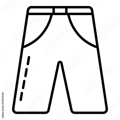 Precise, minimal stroke artwork representing trousers or shorts, highlighting the waistband and pocket shape. Outline style, appropriate for sleek interfaces dealing with inventory, sizing, or digital