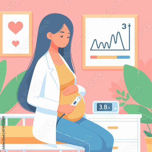 Pregnant woman in a doctor's office, holding a thermometer to her belly, with medical charts in the background.