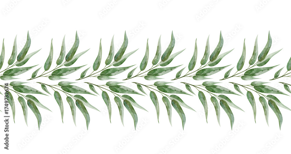Fototapeta premium Watercolor branch green leaves seamless border. The illustration botanical style hand drawn for menu, invitations, cards, packaging.