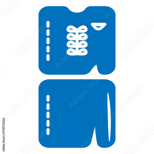 Stacked, dark blue figure representing two tickets or vouchers with a decorative lacing design on the top portion. Visual mark is essential for travel booking interfaces, event reservation systems, or