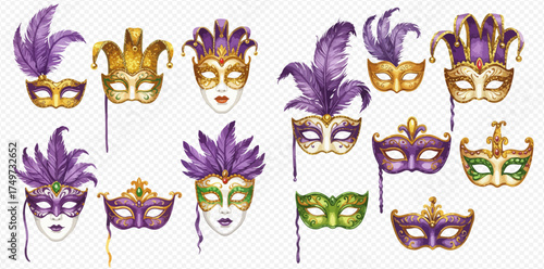 Watercolor illustration of various ornate Venetian carnival masks adorned with feathers, glitter, and traditional Mardi Gras colors.