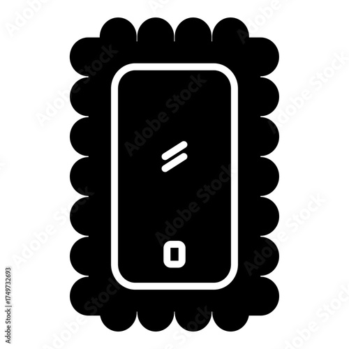 Jagged, filled pictogram symbolizing a modern smartphone enclosed within a decorative, stamp-like border. Image signifies digital memory, special moments, or framed photo archives. Sturdy graphic for 