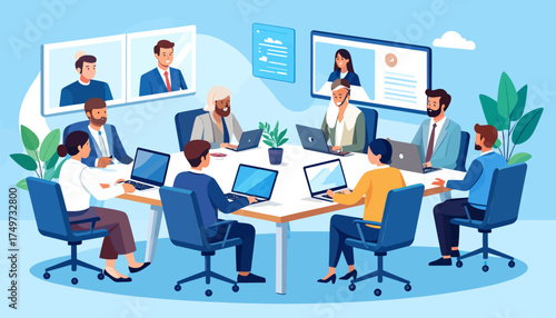 Illustration of a diverse business team collaborating in a modern hybrid work environment using video conference technology