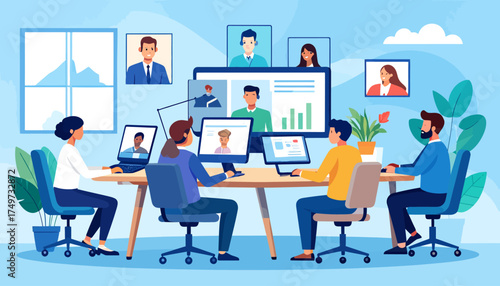 Illustration of a hybrid work meeting with colleagues collaborating remotely and in-person on a video conference