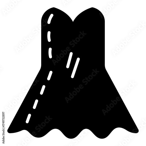 Curving, highly stylized silhouette symbolizing formal evening wear, specifically a strapless gown with a wide, flowing skirt. Visual mark denotes sophisticated fashion, event attire, or celebratory o