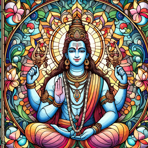 Vibrant stained glass artwork depicting Lord Shiva in a meditative pose, adorned with traditional Hindu iconography and a radiant halo.