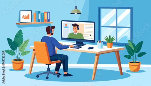 Hybrid Work A Man Engaged in a Video Conference, Embracing the Future of Work