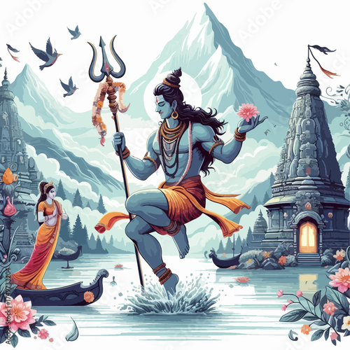 Lord Shiva dances on water, holding a trident and a lotus, with a temple and a woman in a boat in the background.
