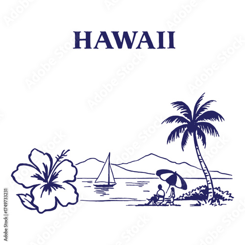 Vintage hand-drawn tropical Hawaii beach scene with palm tree, hibiscus, and surfboard. Perfect for summer prints, posters, or travel design.