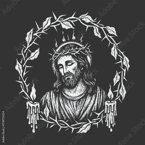 Vintage hand-drawn portrait of Jesus with crown of thorns in expressive sketch style. Ideal for Christian art prints, posters, or tattoo designs.
